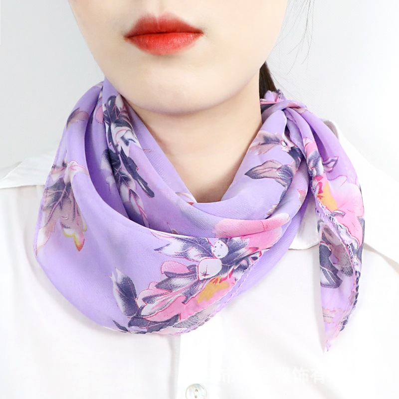 2022 New Spring and Summer Artificial Silk Chiffon Printed Small Square Scarf Women's Temperament Wild Silk Scarf Neck Protection Sunscreen Small Scarf