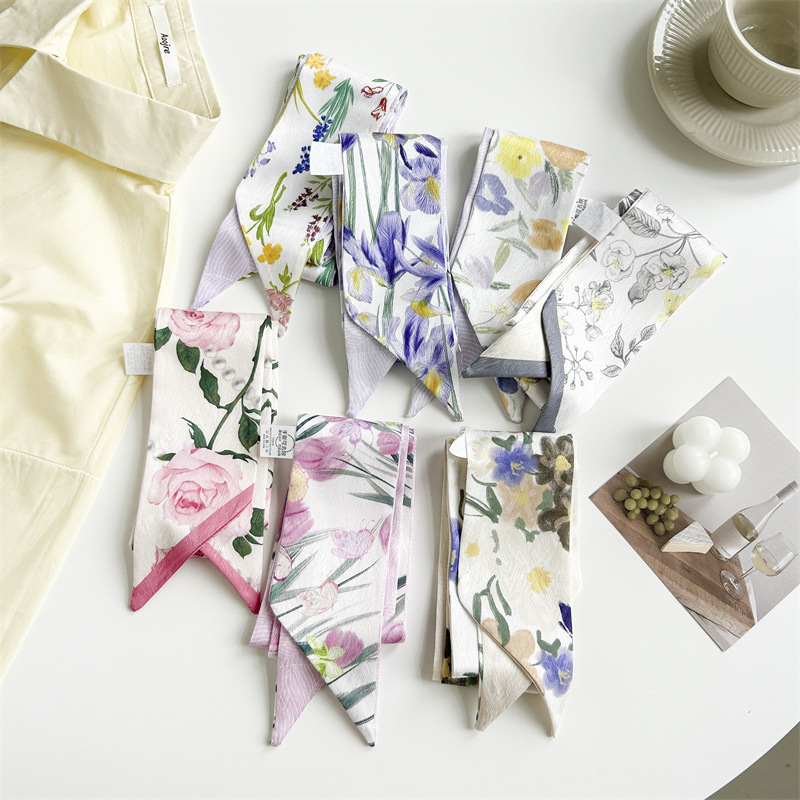 Spring Floral Printed Silk Scarf Women's Korean-Style All-Match Long Narrow Silk Scarf Pastoral Artistic Oblique Ribbon Arm Bag Ribbon