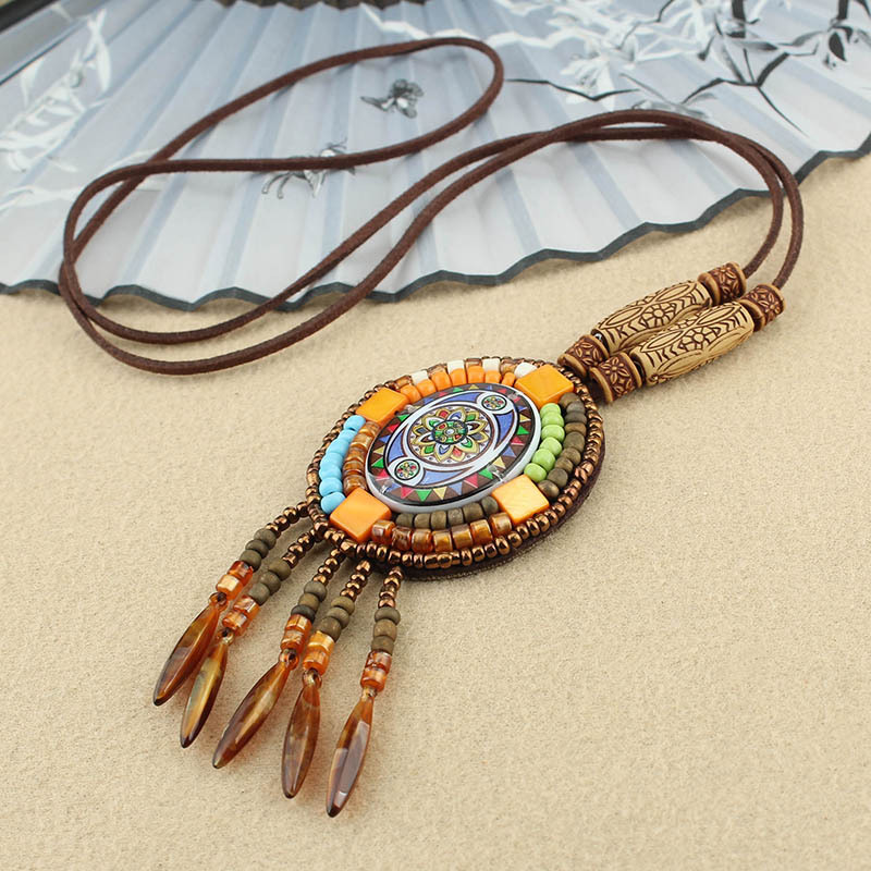 Retro Ethnic Style Necklace Long Bohemian Sweater Chain Men and Women All-Match Pendant Tassel Pendant Cotton and Linen Accessories