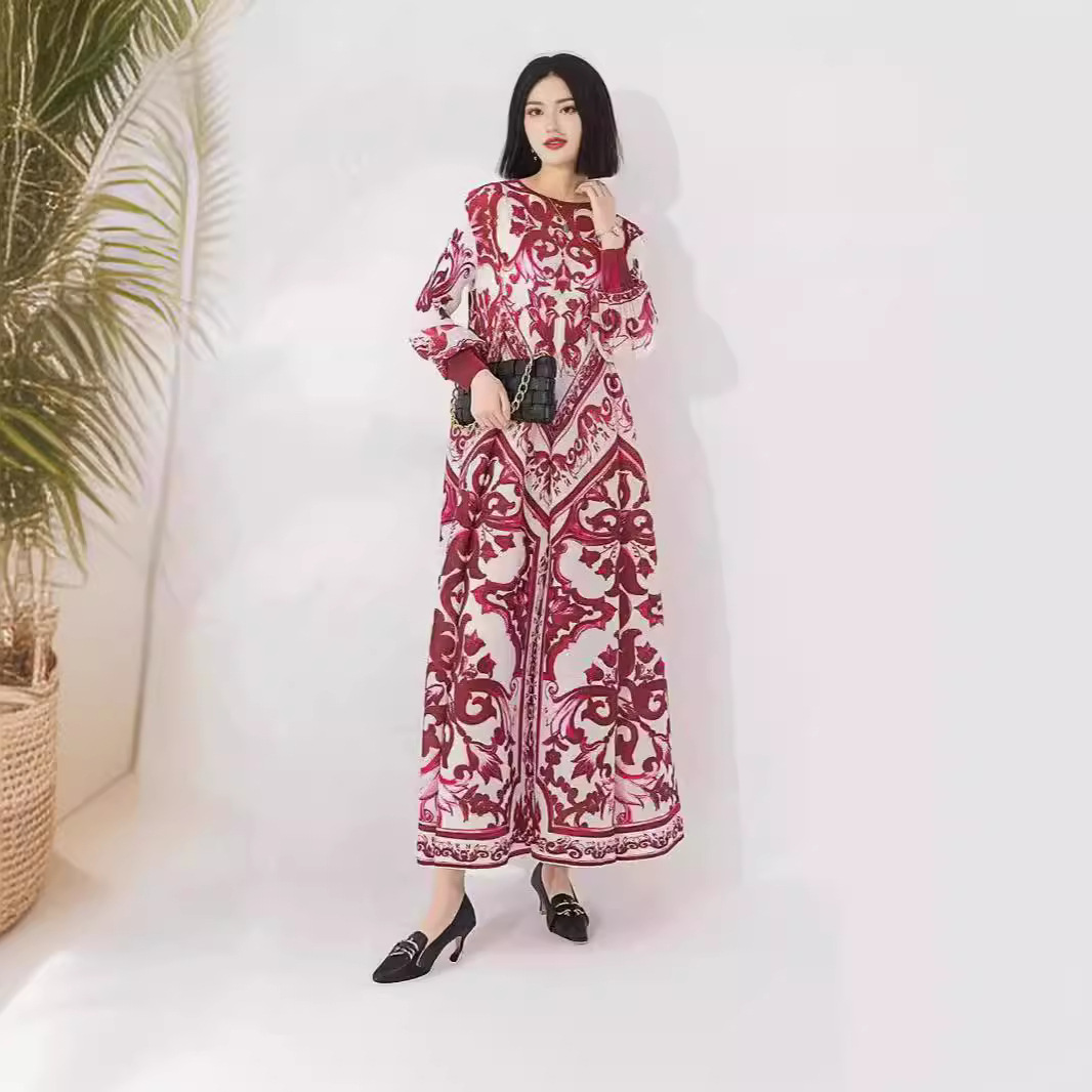 2024春季新款复古时尚连衣裙工厂直供纯色灯笼袖青花瓷直播外贸