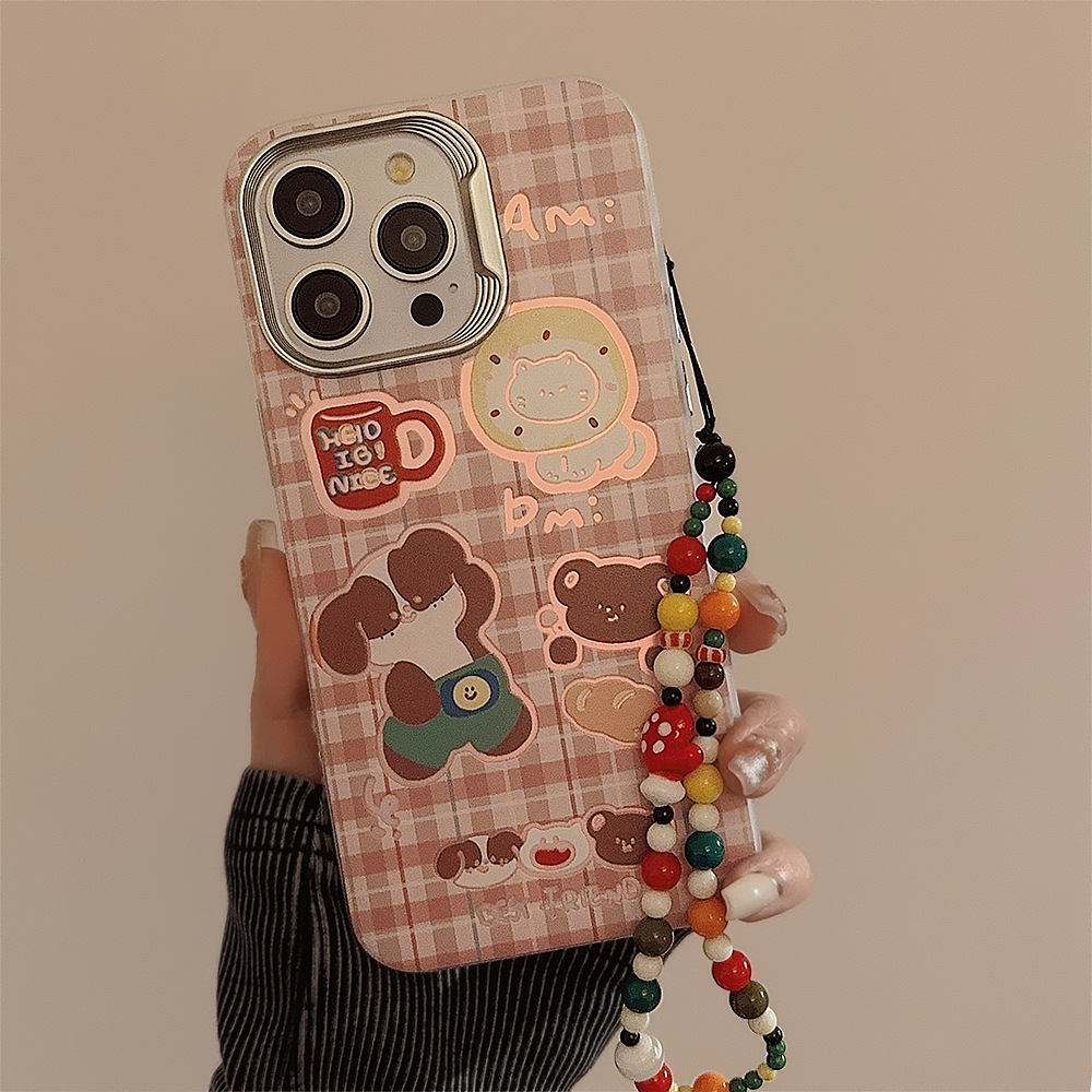 Cute Plaid Small Animal Suitable for Apple 14promax Phone Case Iphone15 Laser 12 Color Chain 13 Hard 11