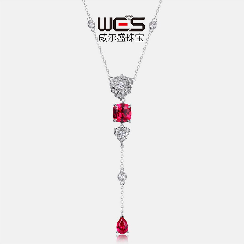 Europe and America Cross Border Artificial Rose Red Corundum Long Necklace Female S925 Silver Inlaid Colored Gems Necklace Affordable Luxury Fashion