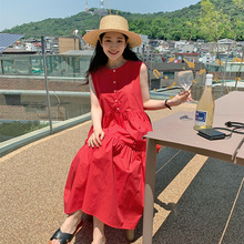 韩国chic夏季新品法式复古简约宽松无袖背心拼接连衣裙