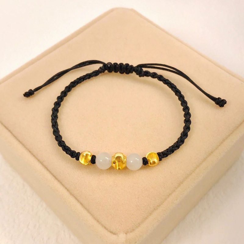 999足金猫眼金珠黄金手链女编织和田玉硬金转运珠手绳黄金小饰品