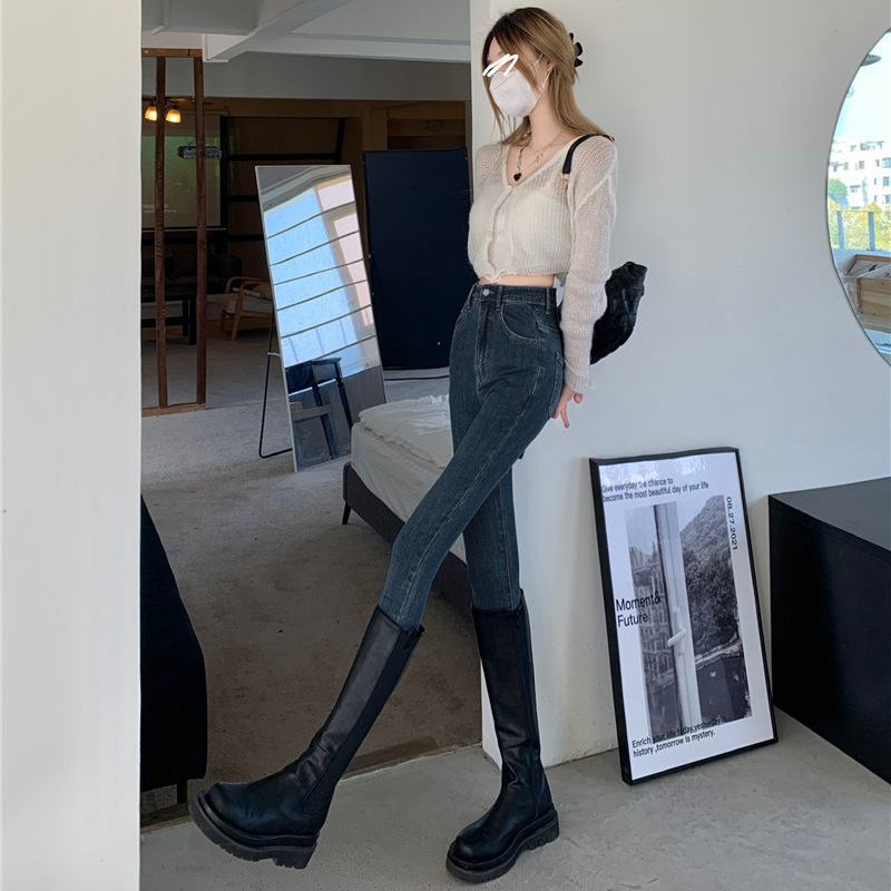 879 Commuter High Waist Tight Jeans Women's Straight Slimming Pencil Pants Casual Ankle Banded Pants Boot Pants