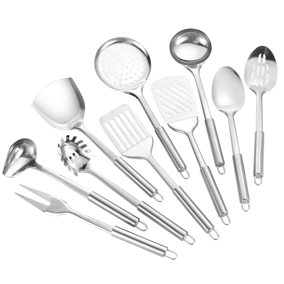 不锈钢厨具锅铲汤勺漏铲意粉捞烹饪勺铲厨房工具带磁圆管铲子