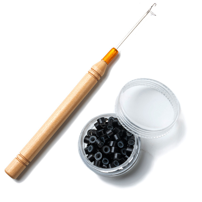 接发钳木柄钩针铝管硅胶接发环100粒套装接发工具三件套接发套装