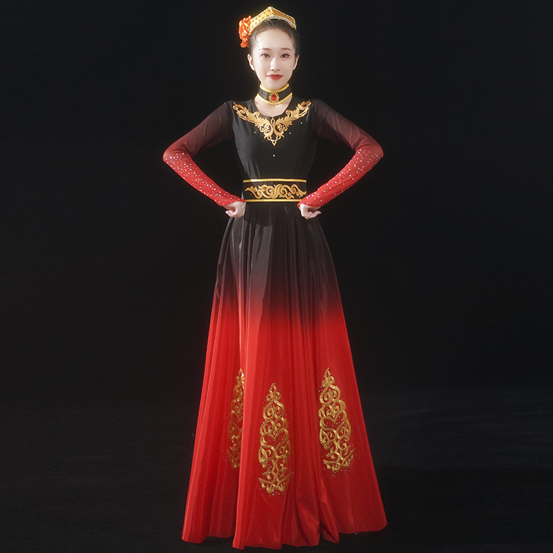 新疆舞蹈服装演出服女艺考红色少数民族风彝族维吾族开场舞大摆裙