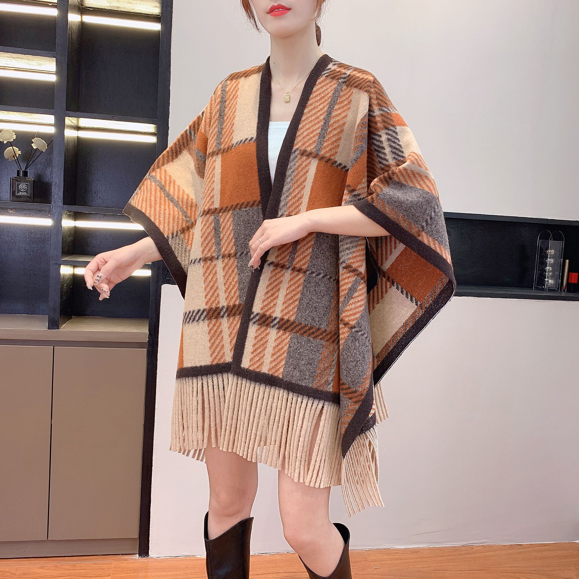 Korean Style Cashmere-like Air Conditioner Shawl Outer Match Elegant Cloak Autumn and Winter New Niche Retro Plaid Warm Scarf for Women