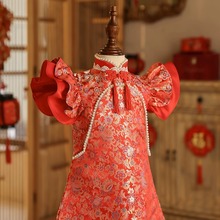 中式女童周岁礼服女宝宝中国风红色婴儿生日抓周旗袍高端公主裙夏