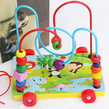 0-3岁幼儿童启蒙益智彩色动物认知二合一多功能拖车绕珠木制玩具