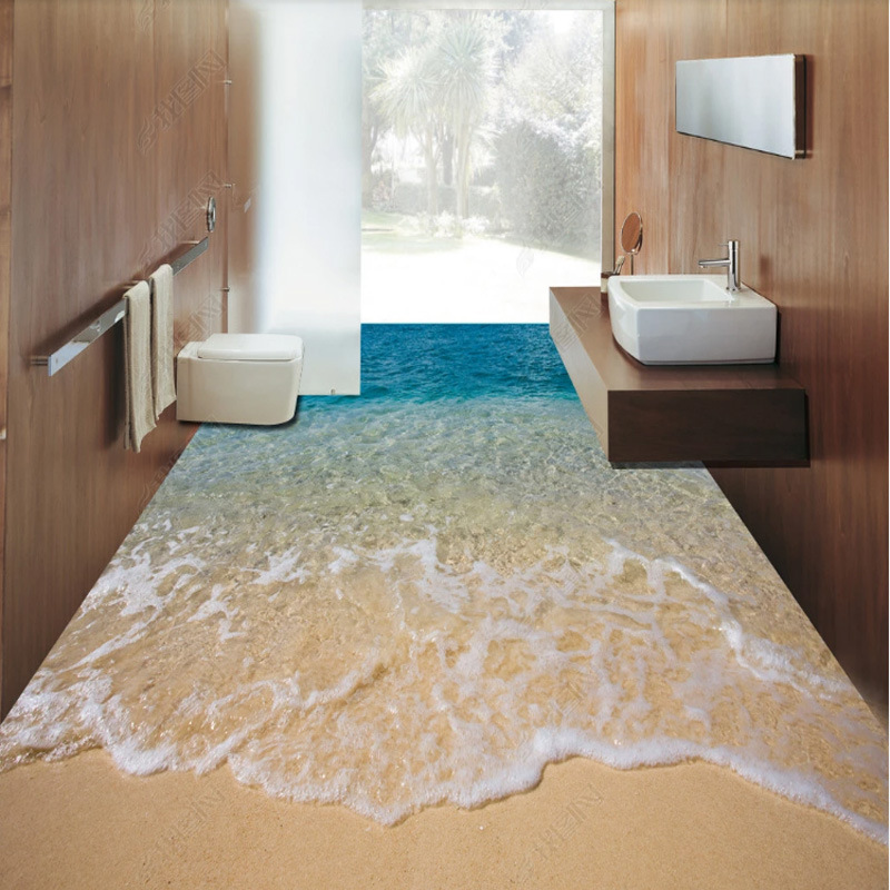 3d地板砖卫生间浴室阳台厨房地砖大海沙滩海浪海水地画防滑瓷砖