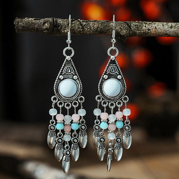 新款松石耳环 镶钻多层民族风复古合金耳坠 云南流苏耳饰货源批发