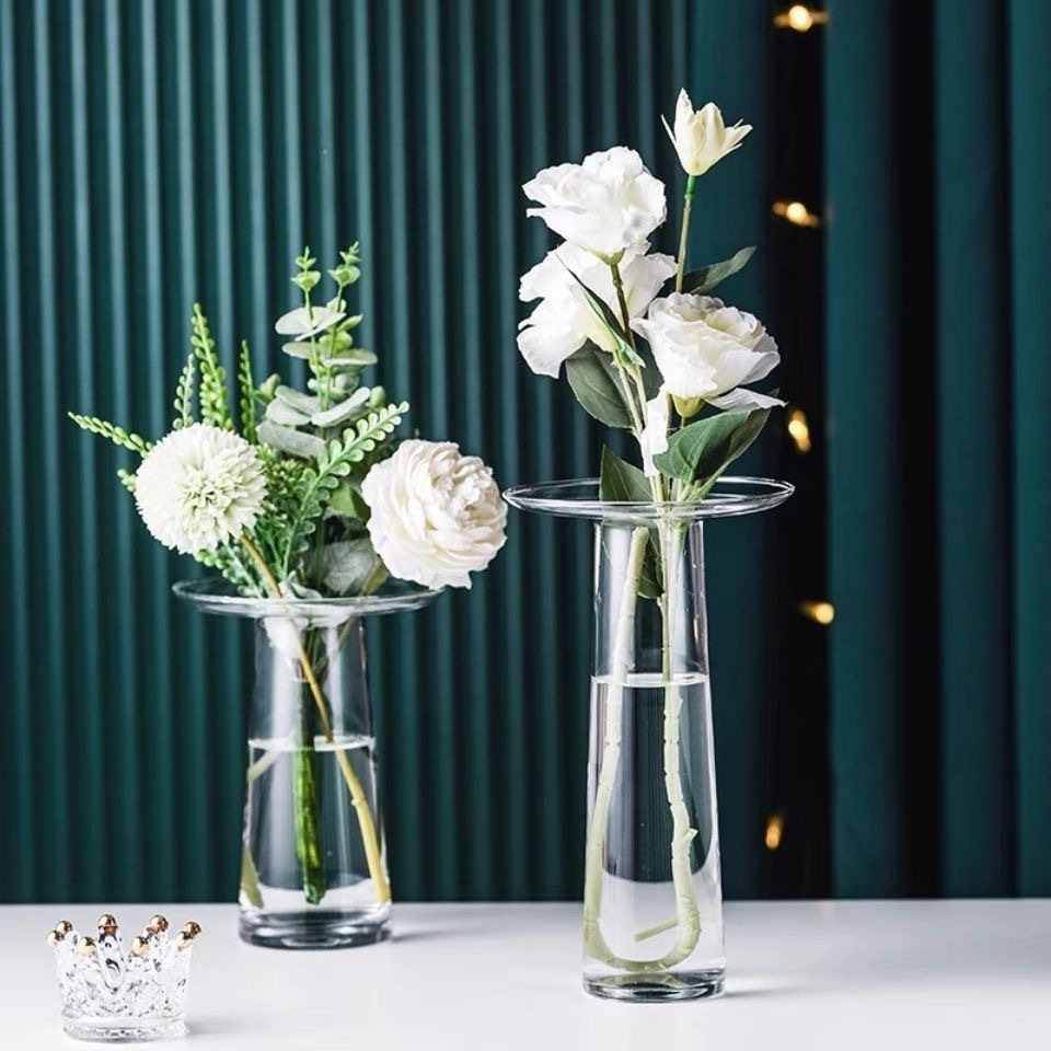 大平口现代简约透明玻璃花瓶水培干花鲜花插花器茶几餐桌装饰摆件