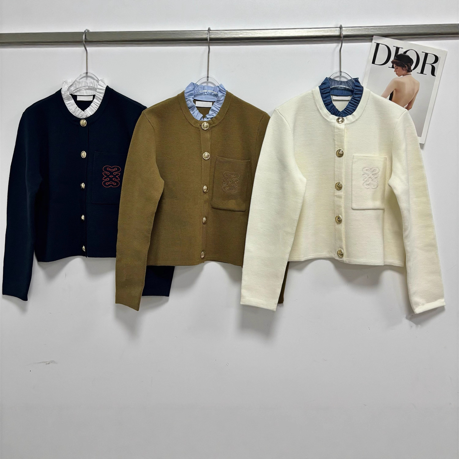 一件代发法单S家修身荷叶边木耳边可拆卸领刺绣针织长袖开衫外套