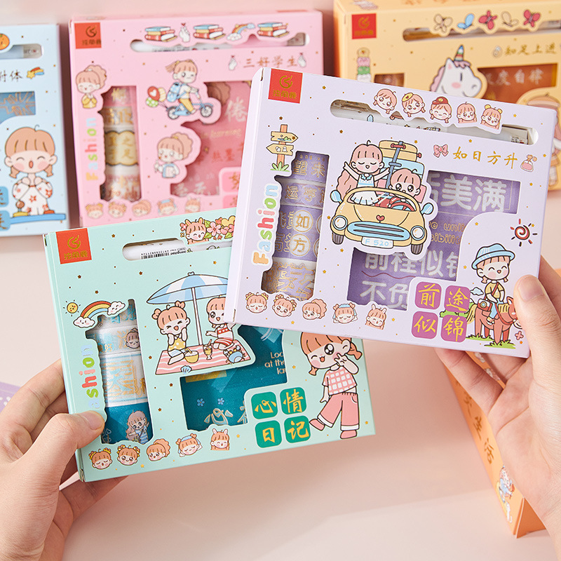 Cute Tape Stickers Gift Set Cartoon Journal Decoration Stickers Children Diy Notebook Japanese Paper Full Roll Tape