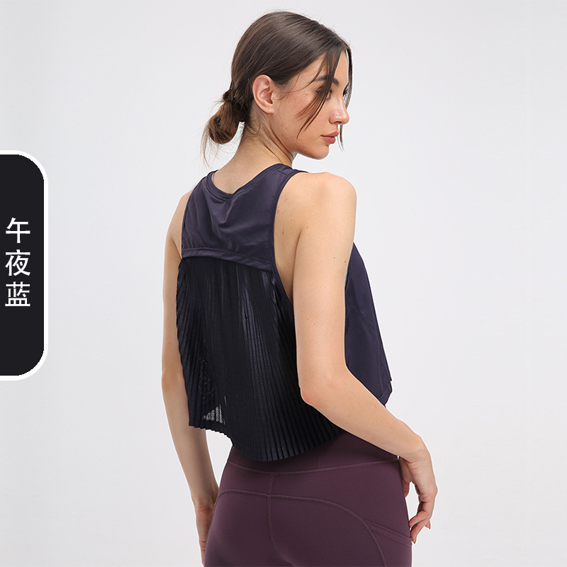 Yoga Blouse Women's Loose Quick-Drying Summer Thin Pleated Wrinkle Workout Clothes Tops Outerwear Sleeveless Sports Vest