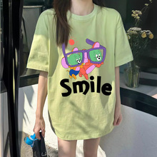 韩版夏日多巴胺可爱卡通鼠印花圆领短袖T恤女百搭宽松中长款上衣