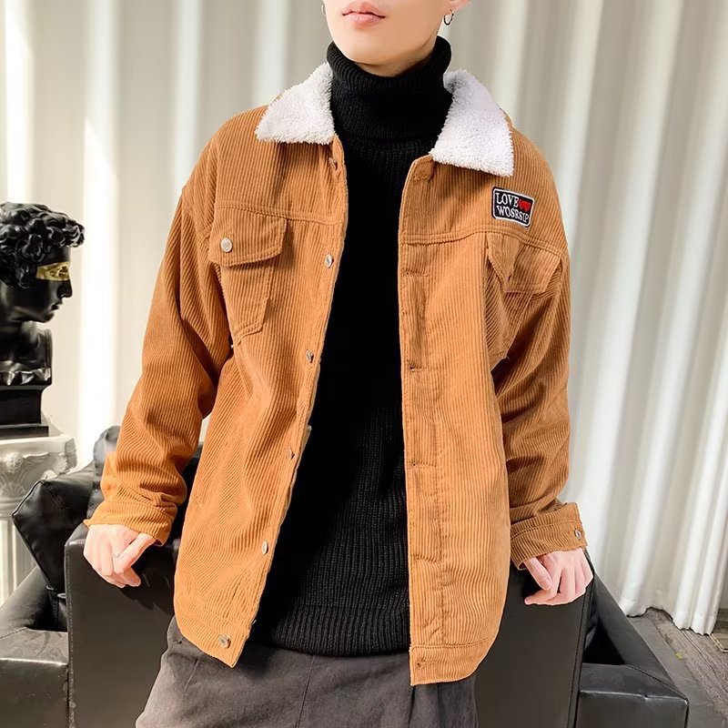 灯芯绒外套男秋冬季绒厚工装翻领2023新款短款羊羔绒夹克男装保暖