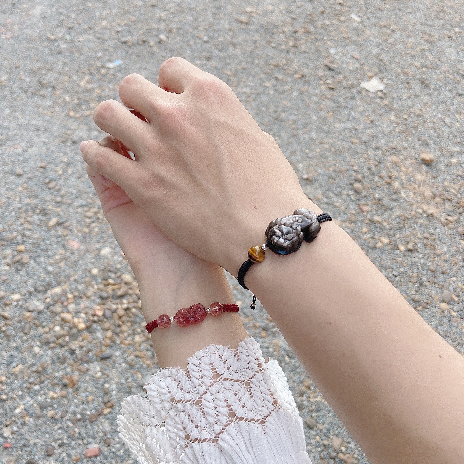 雏灵水晶手链男生银曜石草莓晶貔貅编织手串情侣学生礼物s925银