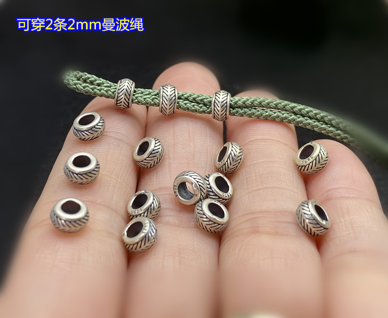 S925 Sterling Silver Retro Large Hole Barrel Beads Spacer Bead Pendant Lanyard Hand-Woven Bracelet DIY Bead Finishing Accessories