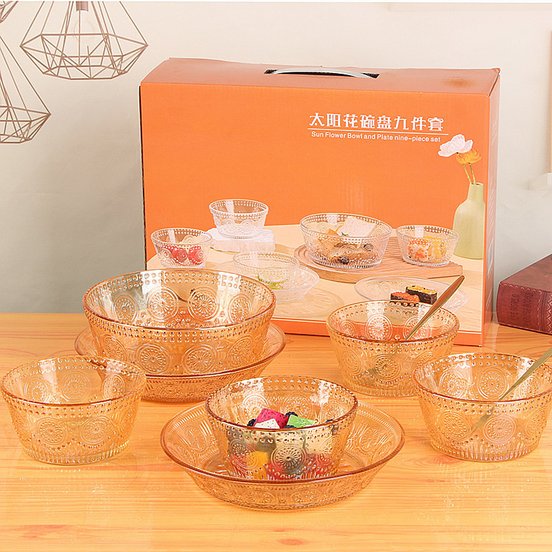 amber glass bowl plate set sunflower salad bowl good-looking rice bowl plate opening festival meeting sale gift