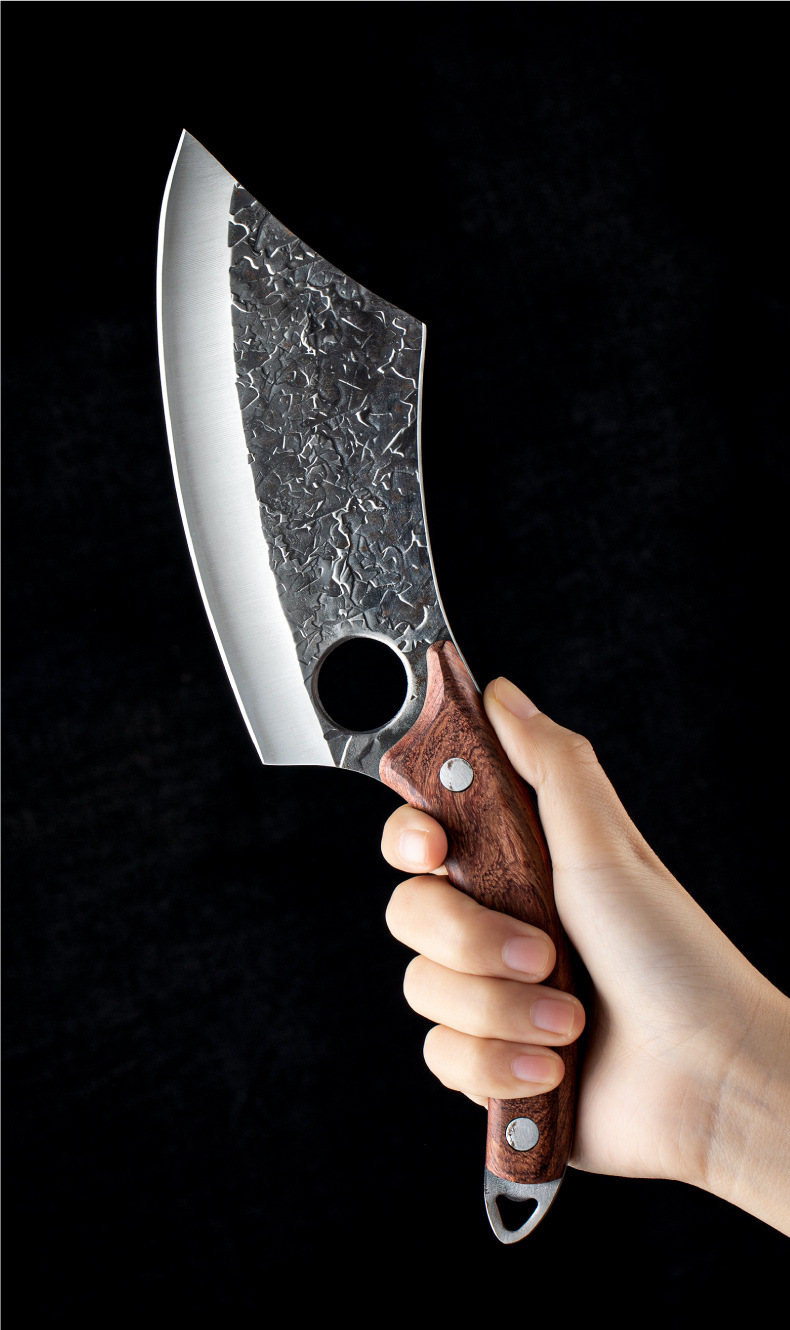 锻打指环尖头小菜刀小弯刀锤纹花梨木剔骨刀高碳钢家用户外多用刀