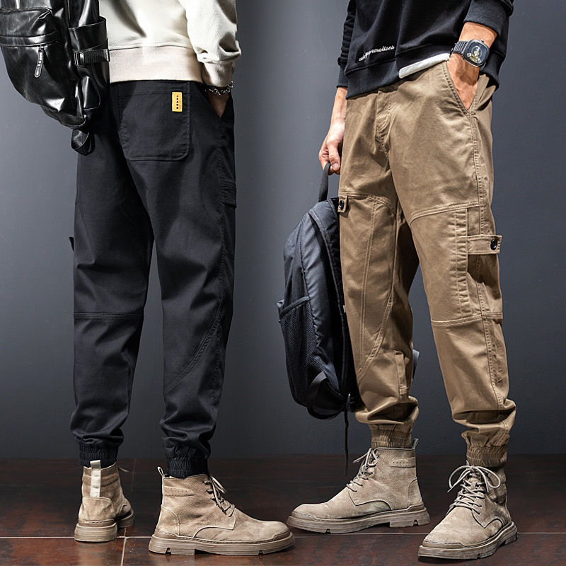 卡其色工装裤男配马丁靴冬季加绒潮牌束脚休闲长裤秋冬款男士裤子