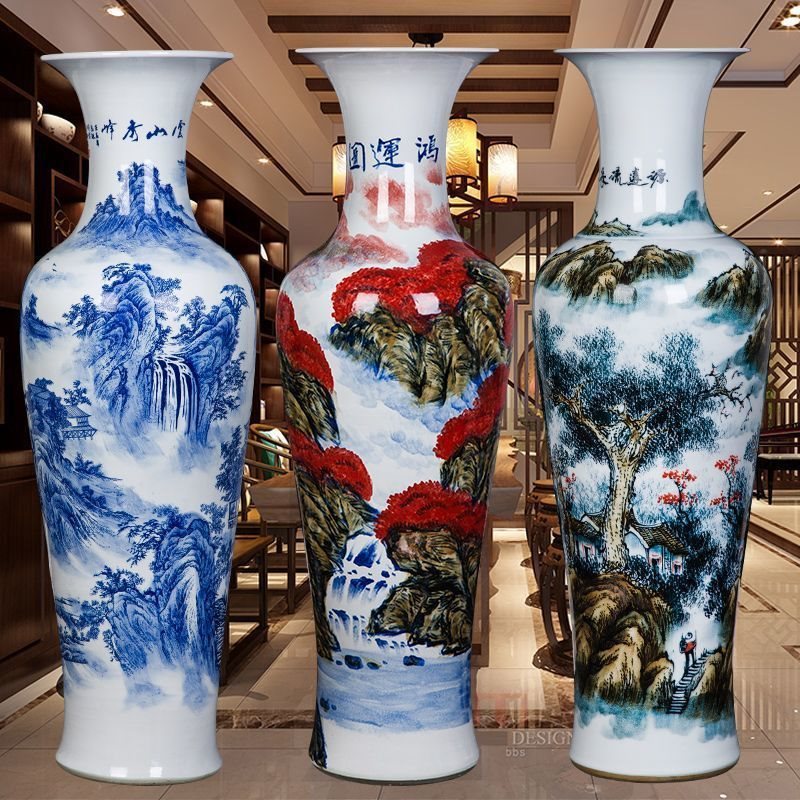 景德镇陶瓷手绘鸿运图家居落地大花瓶公司酒店装饰品乔迁开业摆件