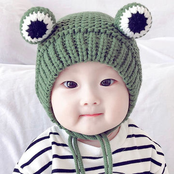 婴儿帽子春秋冬季宝宝婴幼儿可爱超萌男童青蛙毛线帽2儿童1岁加绒