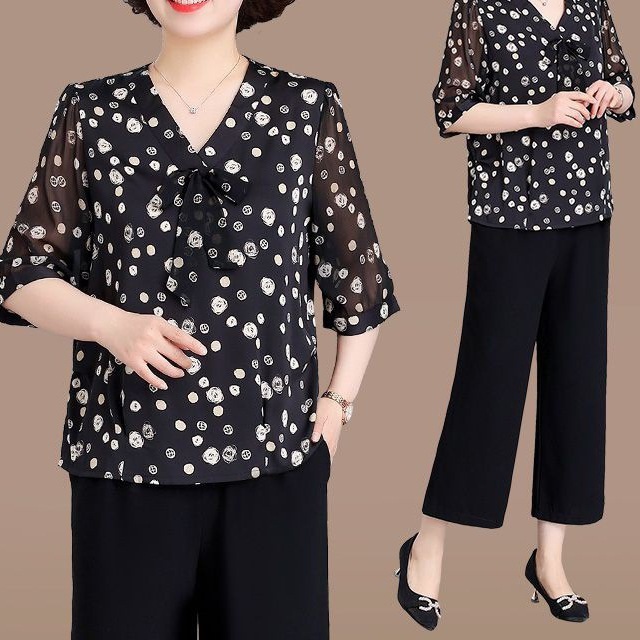 w繧2妈妈夏装两件时尚休闲套装气质中年妇女七分袖中老年夏装