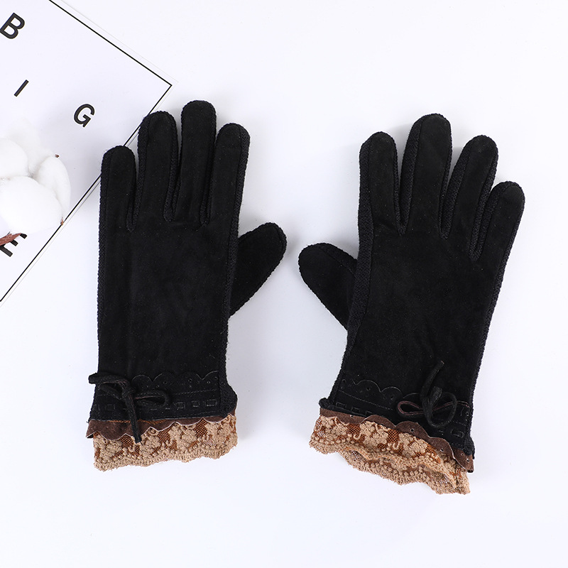 Women's Fashion Elastic Thickened Gloves Fleece Lined Lace Cuffs Gloves Wind-Proof and Cold Protection Gloves for Winter Outdoor Gloves