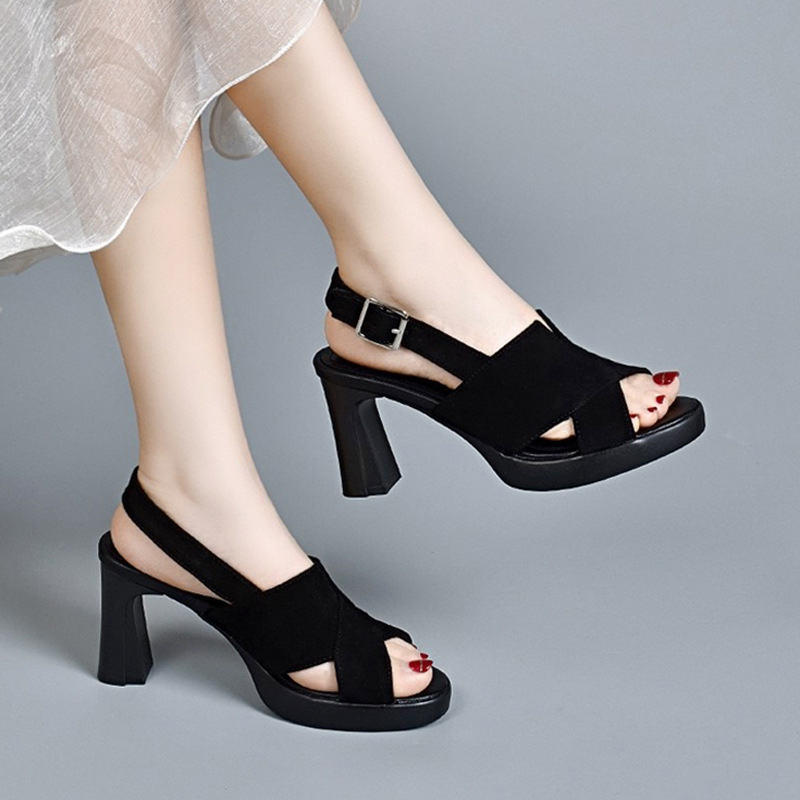 真皮凉鞋女款2024新款气质时尚磨砂皮粗跟防水台厚底鱼嘴高跟鞋