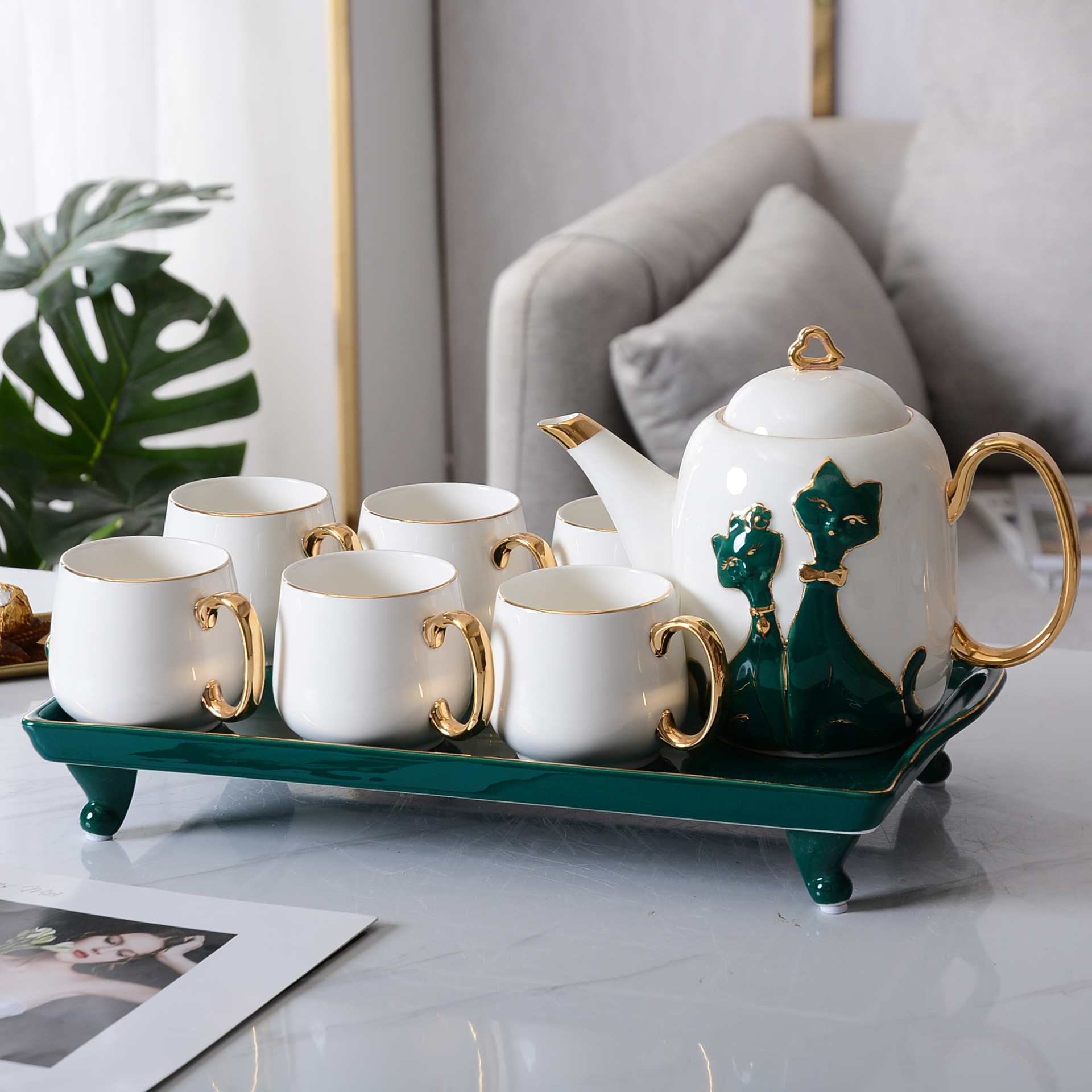 1195系列灰对猫茶具家用婚庆单位礼品都可以轻奢欧式风格现货
