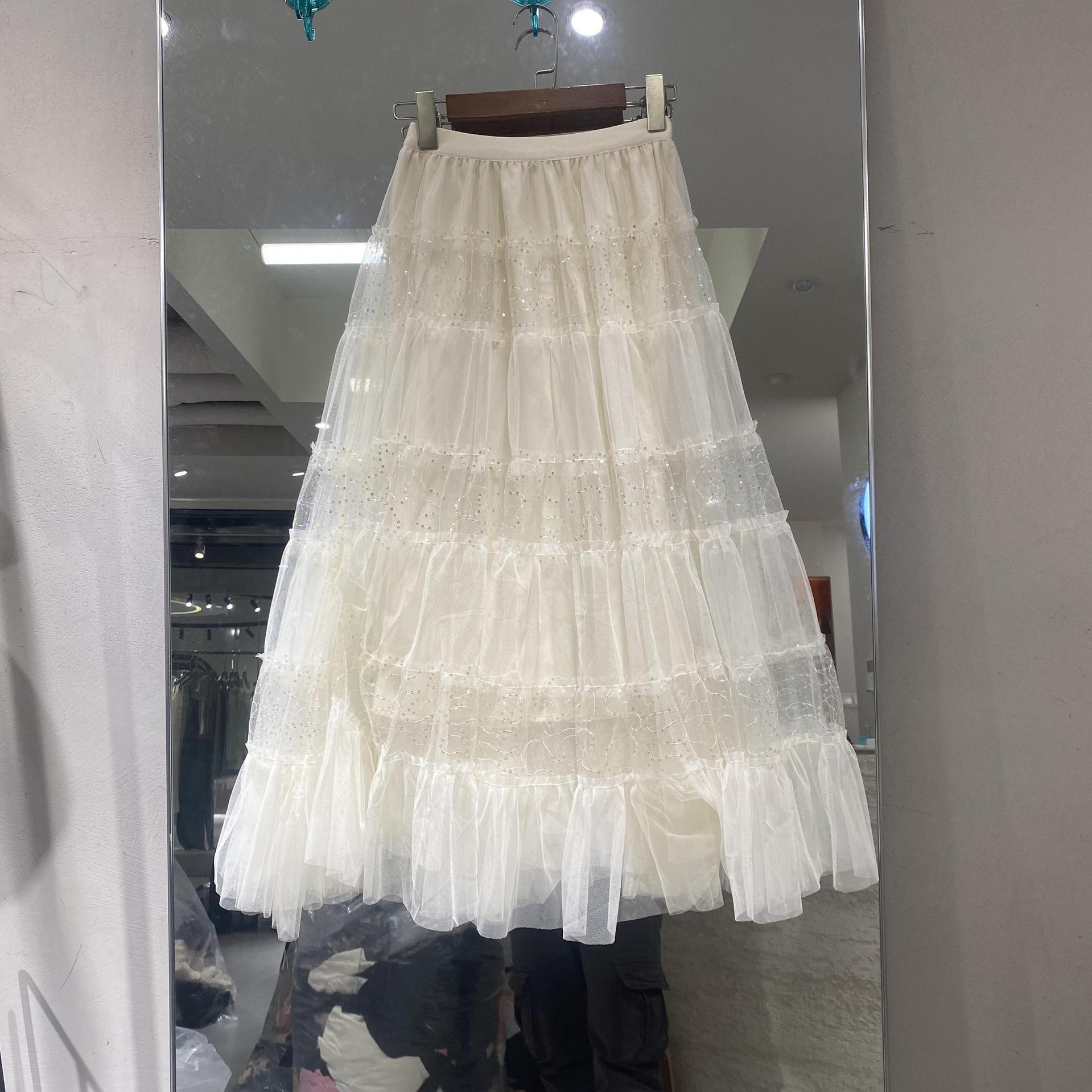 欧洲站2024夏季新款松紧腰亮片网纱半身裙韩版百搭女蓬蓬裙7589