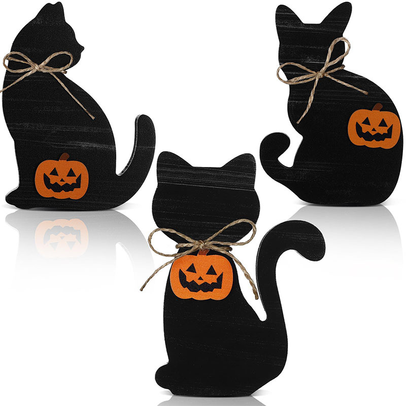 新款万圣节黑猫木质桌面摆件主题节日派对餐桌装饰家居木质装饰品