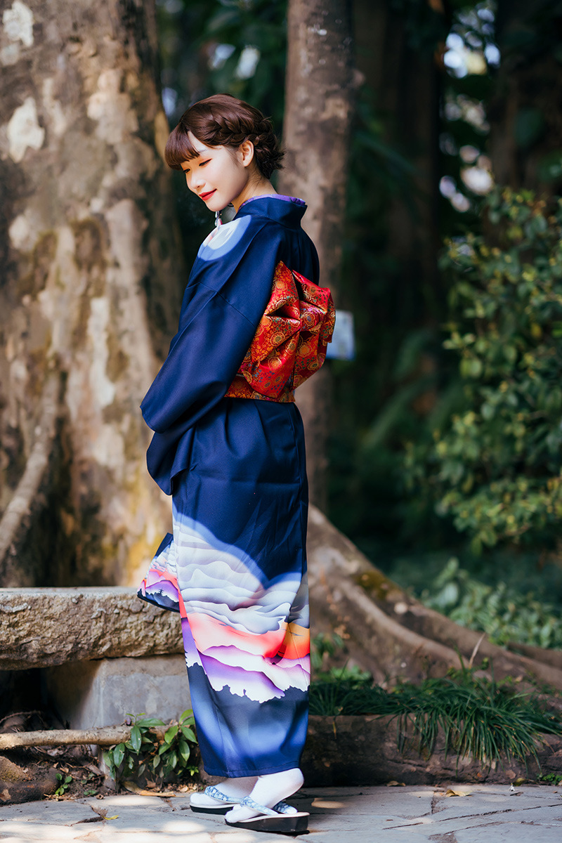 和风樱之美 2021新款少女日本浴衣温柔复古日系改良宝蓝色和服