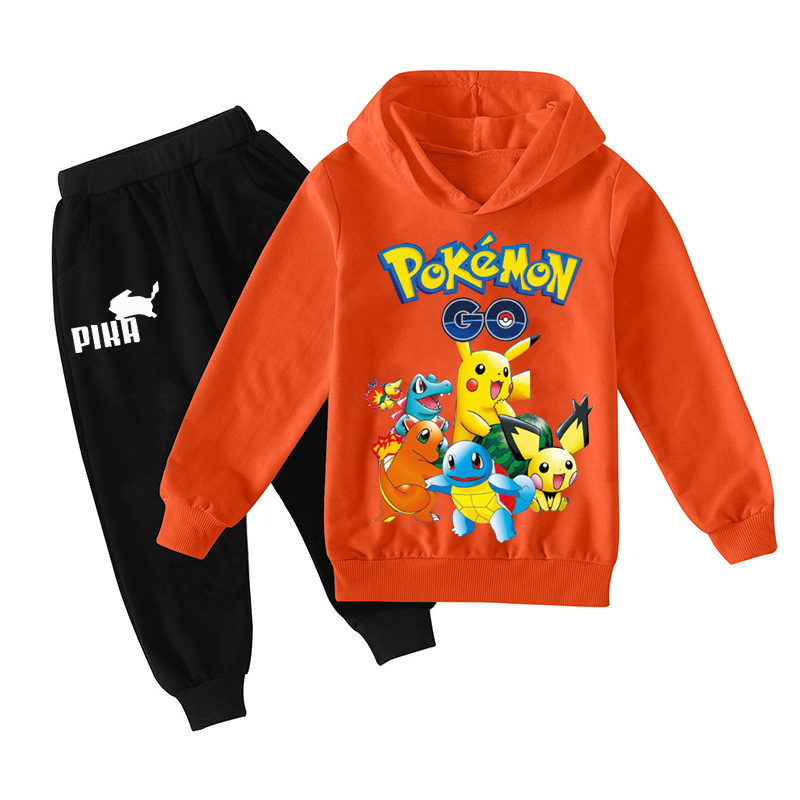 外贸童装爆款促销 皮卡丘 男童女童连帽衫 束脚长裤卫衣套装y043