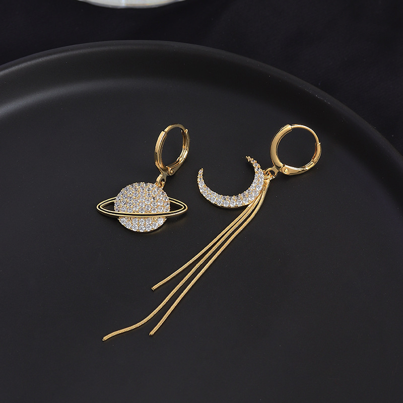 s925银针不对称星球月亮长款流苏耳坠欧美气质复古简约耳环耳饰品