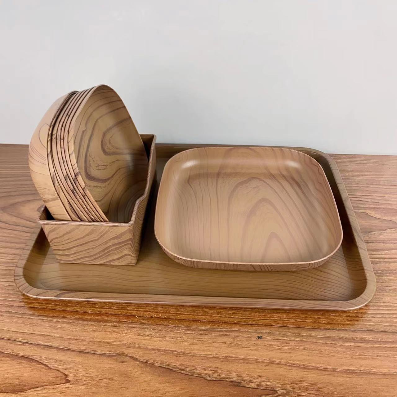 Creative Plastic Wood Grain Tray Set Household Bone Dish Fruit Plate Snack Dish Afternoon Tea Tray Dining Table Bone Dish