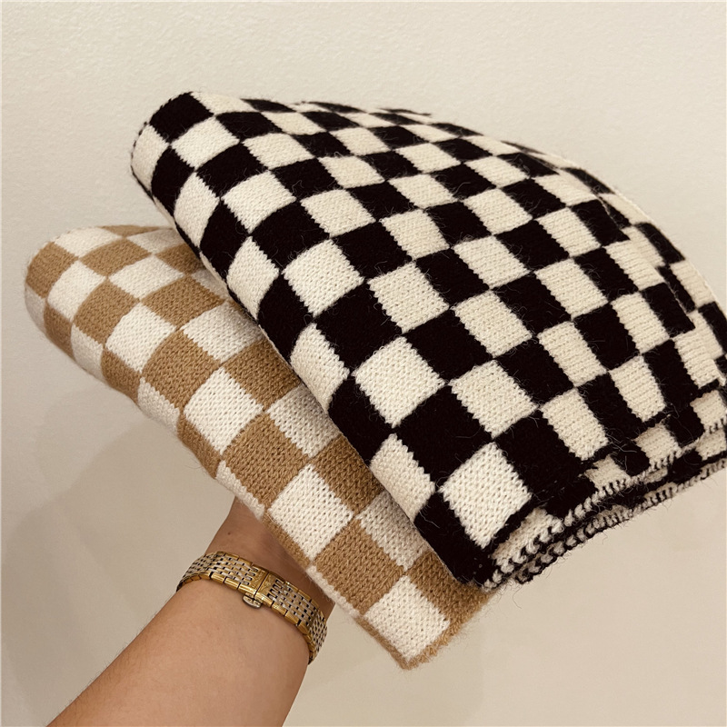 网红in棋盘格围巾女学生情侣冬季黑白格子气质百搭秋冬保暖围脖长
