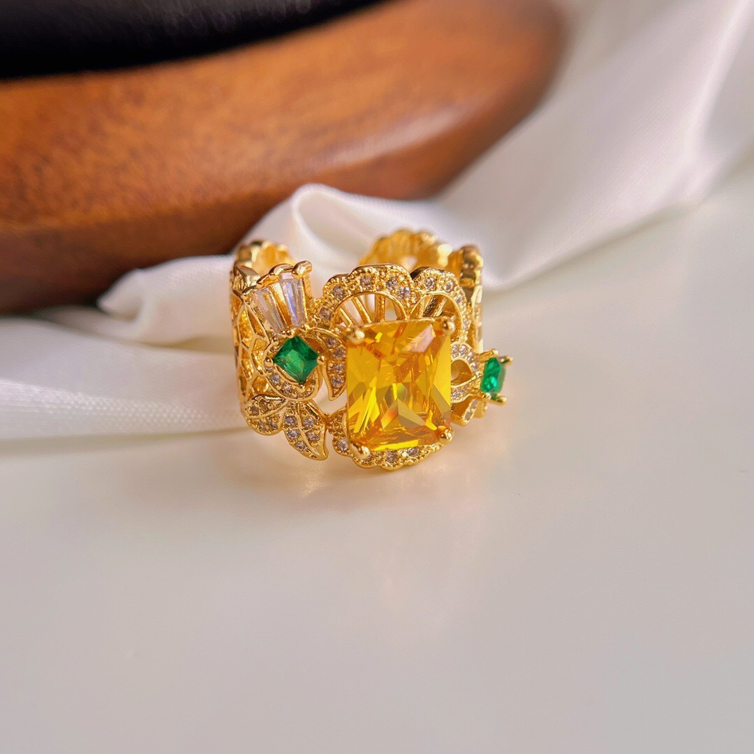 意大利古董珠宝风现货仿真黄钻黄金色开口满钻镂空戒指女指环彩宝