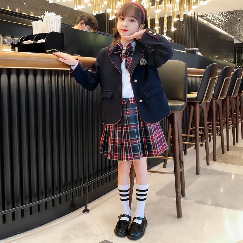 厂家直销女童套装宝宝衣服儿童校服洋气百褶裙jk制服3个月韩版格