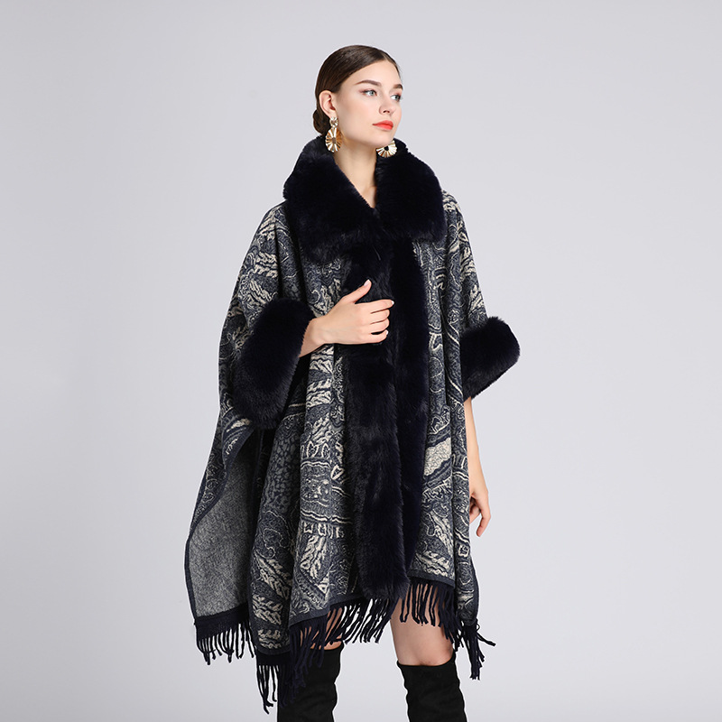 667# European and American Autumn and Winter New Imitation Rex Rabbit Fur Collar Shawl Cape Jacquard Loose-Fitting Tassel Oversized Woolen Coat Female