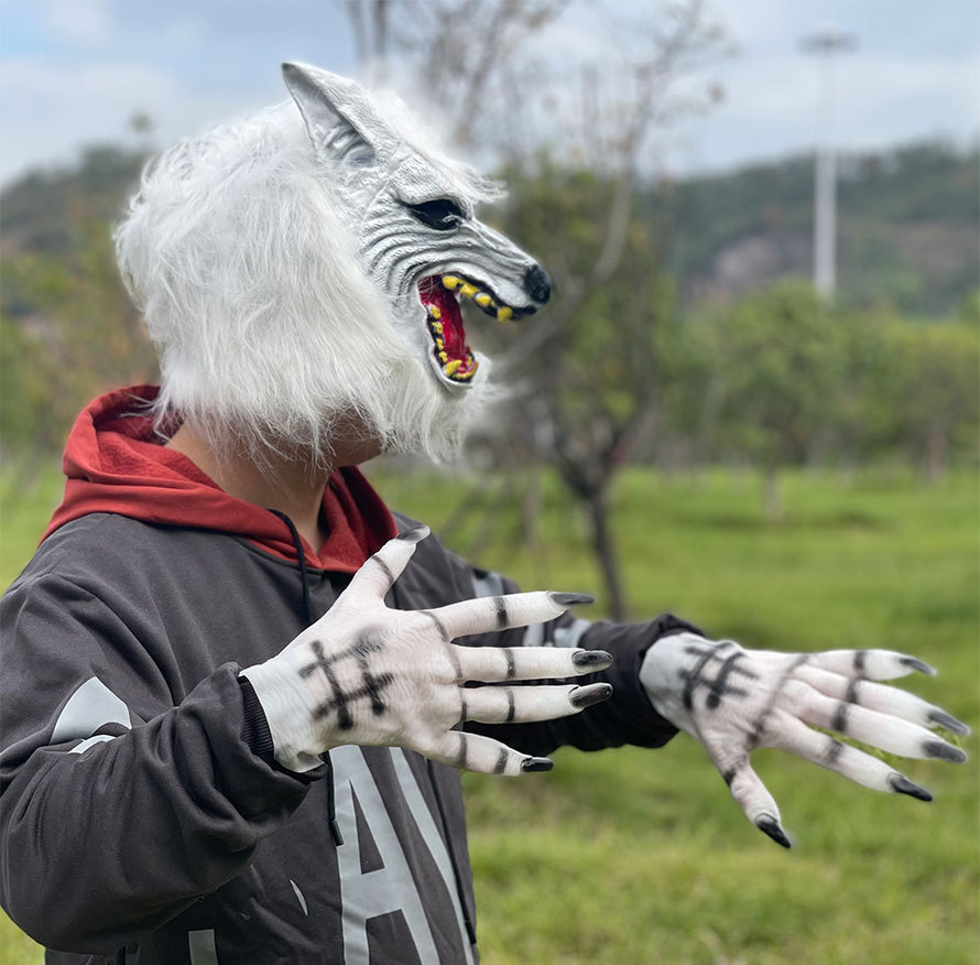 万圣节动物面具全脸狼头狼手套套装动物头套恐怖面具动物跨境面具