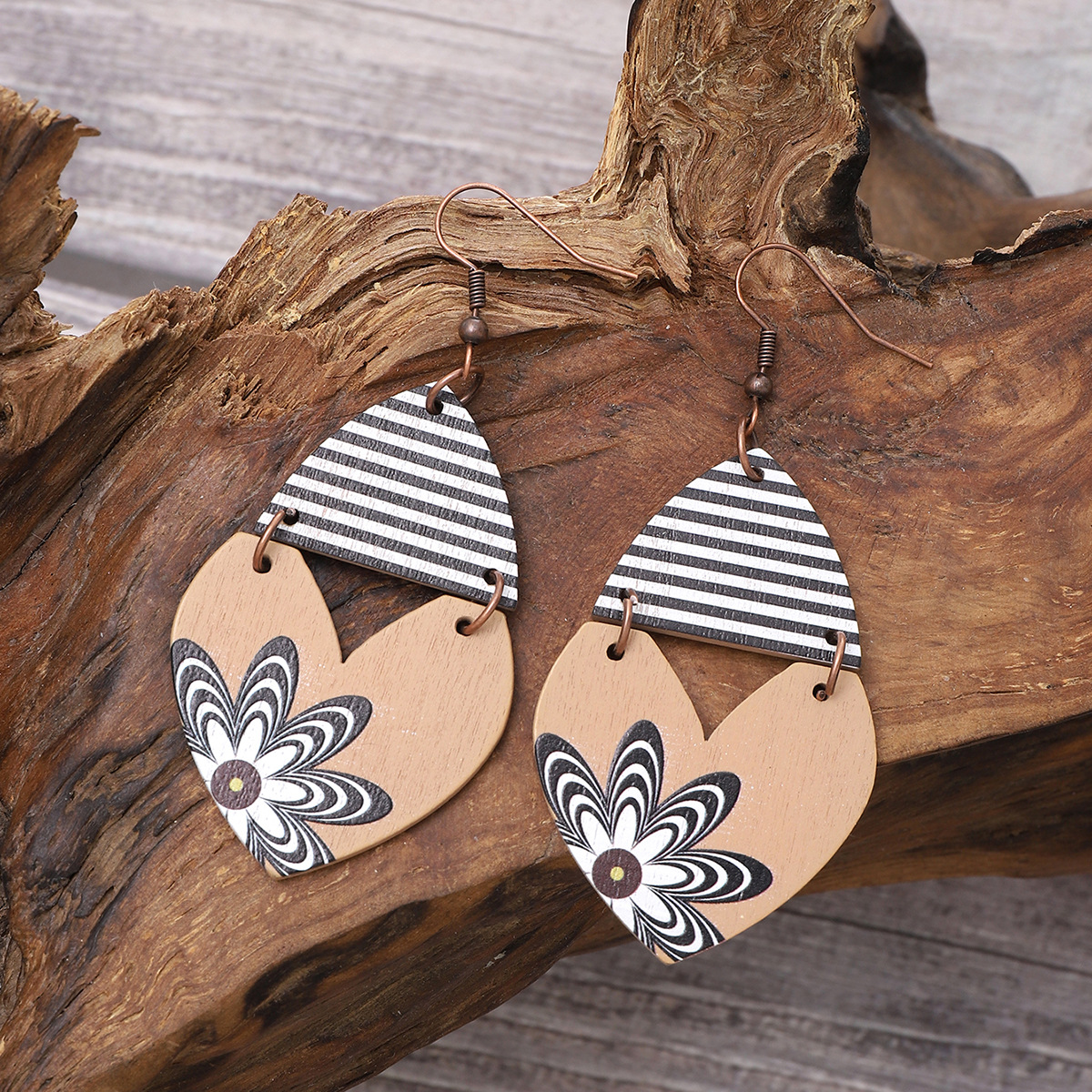 Cross-Border Heart Shape Striped Earrings Flower Wooden Earrings Women Aliexpress Amazon