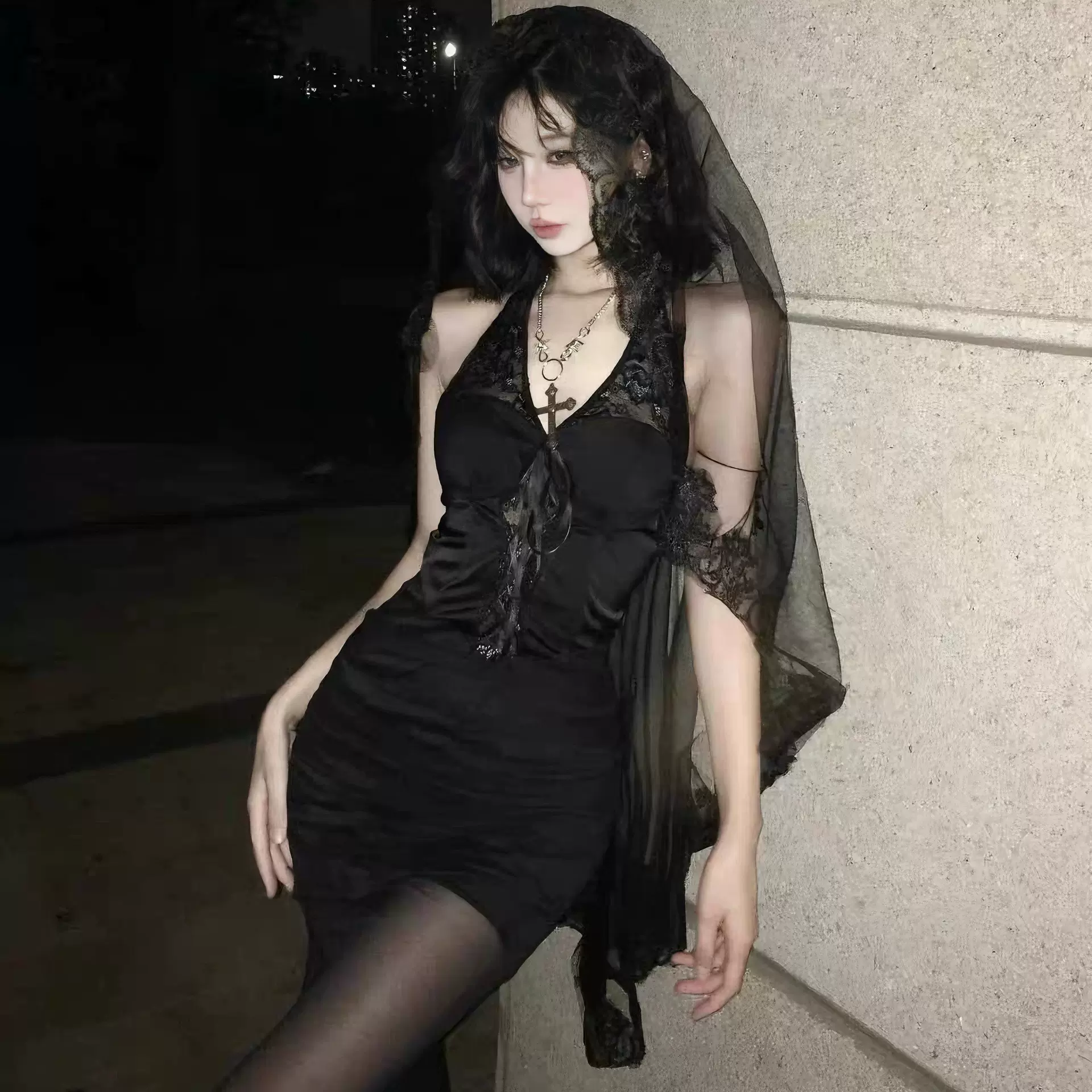 黑色蕾丝头纱万圣节cos哥特圣母玛利亚吸血鬼新娘装扮道具配头饰