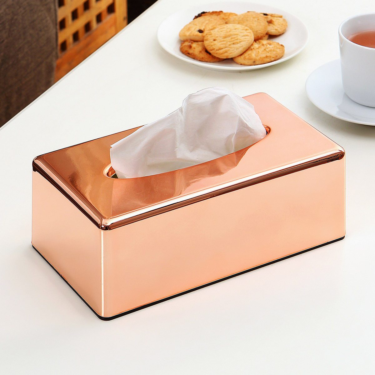 跨境家用桌面抽纸盒办公室轻奢面巾纸收纳盒abs电镀玫瑰金纸巾盒