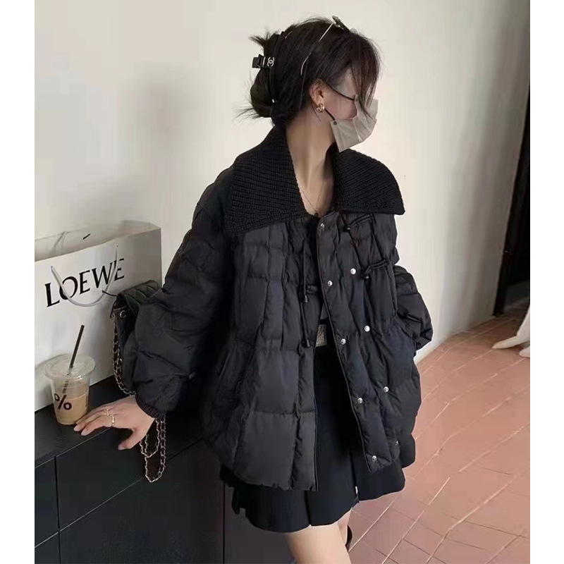 Short down Jacket Women's Winter New Winter Coat Light White Duck down Knitted Collar Retro Buckle National Style