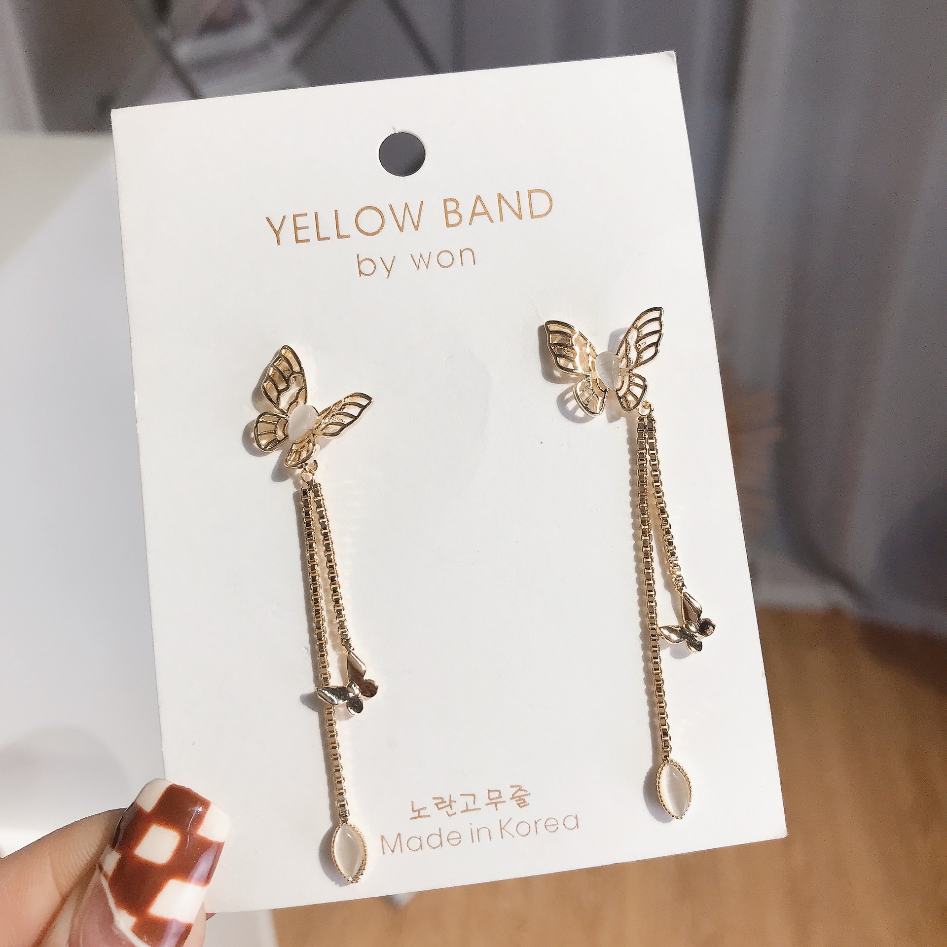 Silver Needle Butterfly Hollow Cat Eye Gold-Plated Tassel Earrings Internet Celebrity Minimalist Retro Long Earrings